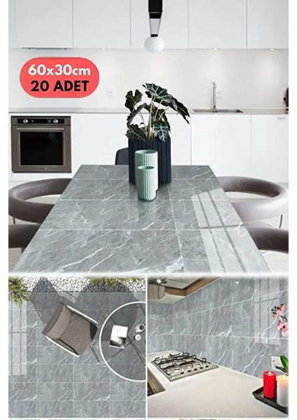 20 Adet 60X30 Gri Modern Su Geçirmez Duvar Çıkartmaları Kendinden Yapışkanlı Fayans Etiket Zemin indirimleri