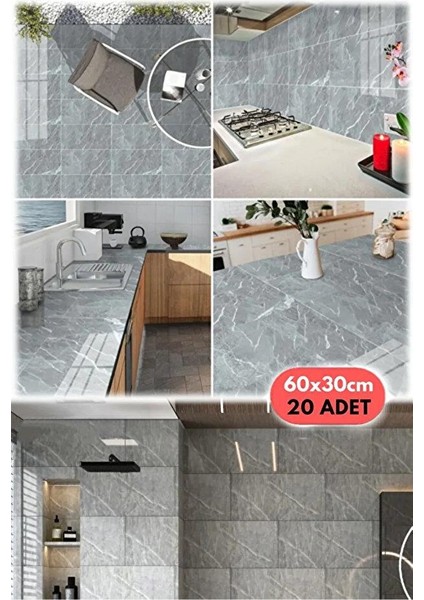 20 Adet 60X30 Gri Modern Su Geçirmez Duvar Çıkartmaları Kendinden Yapışkanlı Fayans Etiket Zemin