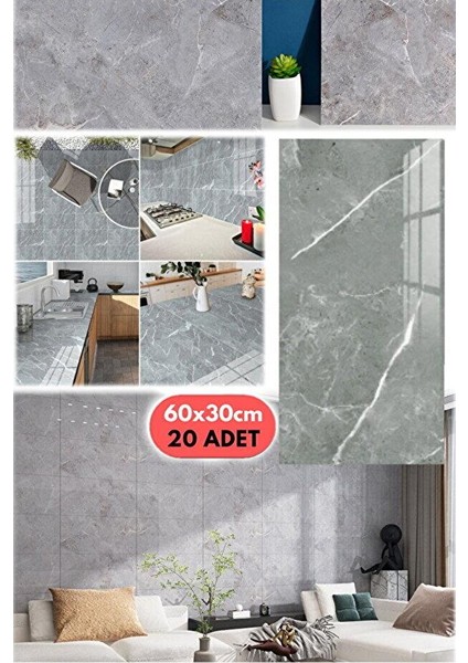 20 Adet 60X30 Gri Modern Su Geçirmez Duvar Çıkartmaları Kendinden Yapışkanlı Fayans Etiket Zemin