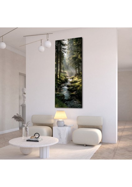 Doğa Manzaralı Panoramik Kanvas Tablo - Dikey Yeşil Orman Dere Görünümlü Dekoratif Duvar Tablosu, Modern Ev ve Ofis Dekoru