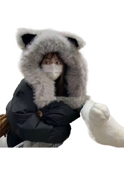 Kalın Pamuklu Tilkili Kulaklı Şapka Eşarbı Birleşik Isıtıcı Şapka (Yurt Dışından)