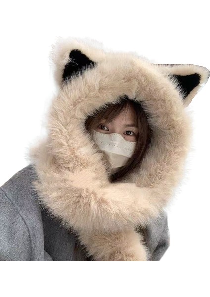 Kalın Pamuklu Tilkili Kulaklı Şapka Eşarbı Birleşik Isıtıcı Şapka (Yurt Dışından)