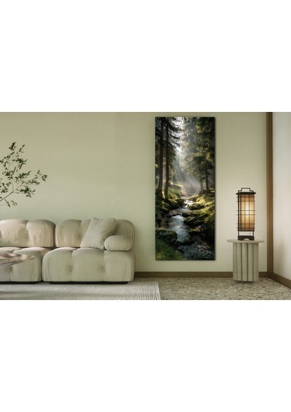 Doğa Manzaralı Panoramik Kanvas Tablo - Dikey Yeşil Orman Dere Görünümlü Dekoratif Duvar Tablosu, Modern Ev ve Ofis Dekoru fiyatları