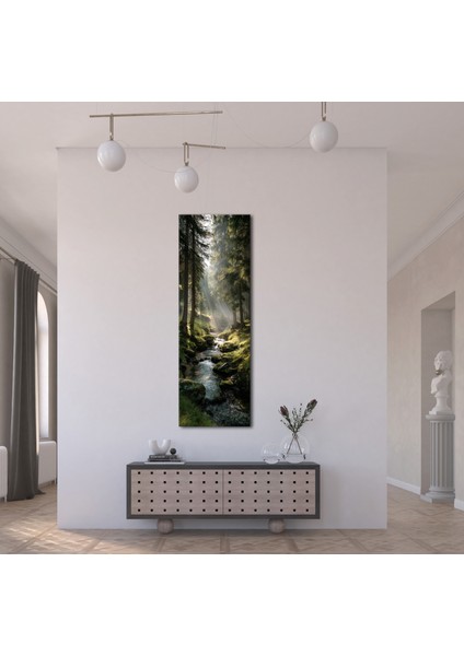 Doğa Manzaralı Panoramik Kanvas Tablo - Dikey Yeşil Orman Dere Görünümlü Dekoratif Duvar Tablosu, Modern Ev ve Ofis Dekoru
