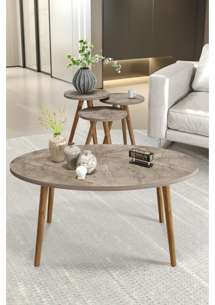 Orta Sehpa ve 3 Lü Zigon Sehpa Torna Elips Gordion