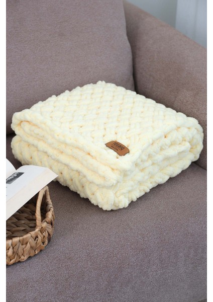 3’lü SET Bebek Battaniyesi-Portbebe-Panduf 100x100cm Açık Sarı Unisex El Yapımı Örgü Alize Puffy Organik Sertifika