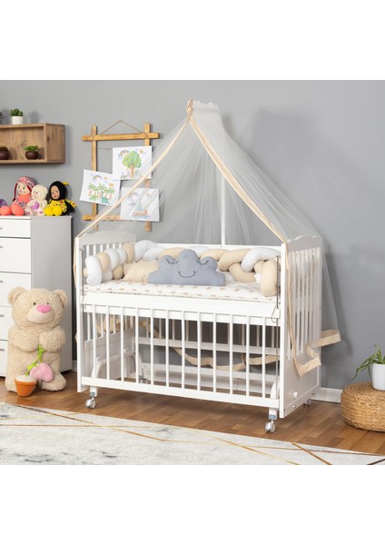 Ahşap Beşik Anne Yanı Beşik Beyaz 60X120 - Krem Beyaz Örgü Uyku Seti Seti + Yatak + Tekerlekli
