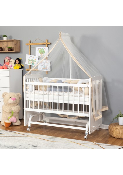 Ahşap Beşik Anne Yanı Beşik Beyaz 60X120 - Krem Beyaz Örgü Uyku Seti Seti + Yatak + Tekerlekli modelleri