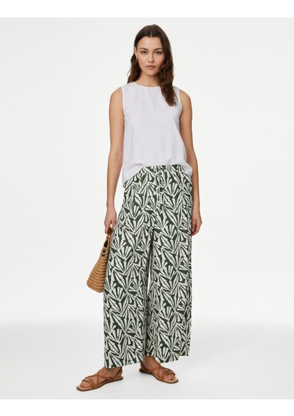 Yüksek Bel Desenli Crop Wide Leg Pantolon