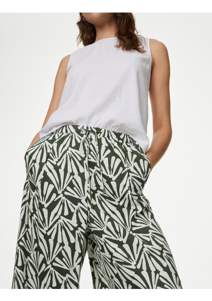 Yüksek Bel Desenli Crop Wide Leg Pantolon