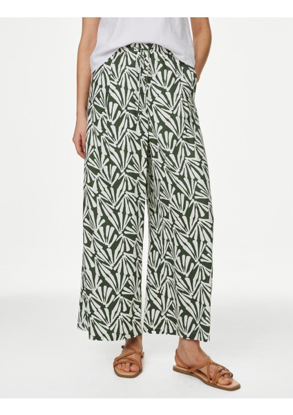 Yüksek Bel Desenli Crop Wide Leg Pantolon