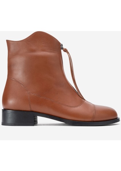 Kadın Fermuarlı Düz Topuk Bot Gerçek Deri Rc 323 Taba