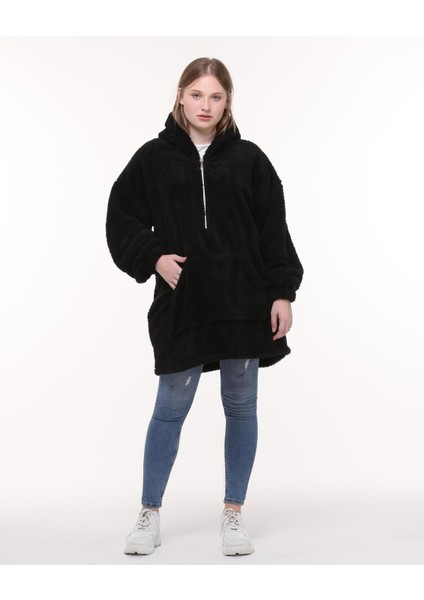 Wellsoft Kadın Sweatshirt - Kışlık Kadın Siyah Sweatshirt Peluş