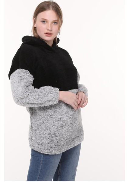 Wellsoft Kadın Sweatshirt - Kışlık Kadın Gri Sweatshirt Peluş Düşük Omuz