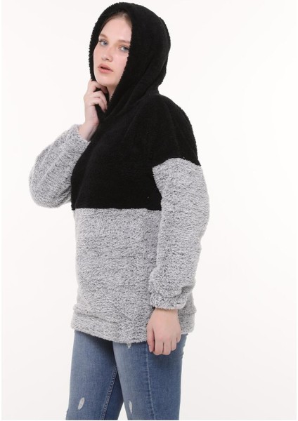 Wellsoft Kadın Sweatshirt - Kışlık Kadın Gri Sweatshirt Peluş Düşük Omuz fırsatları