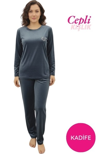 Kadın Mavi Bisiklet Yaka Nakış Ipeksi Fransız Kadife Cepli Kışlık Pijama Takımı