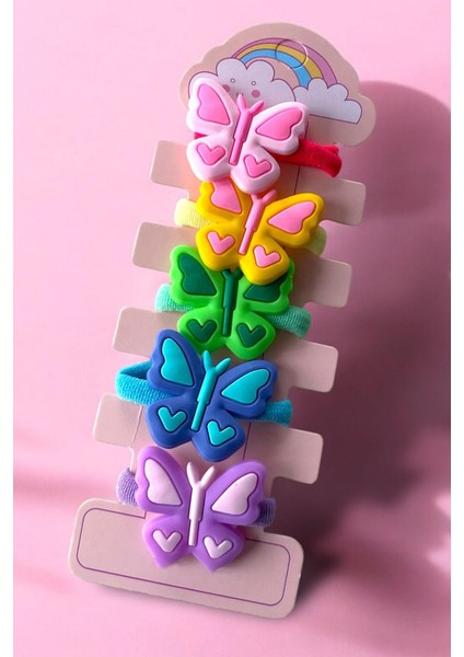 5'li Kelebek Desenli Kız Çocuk Küçük Lastik Toka Seti