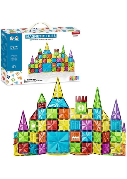 Manyetik Tiles Renkli 75 Parça Manyetik Yapı Magnetic Bloklar