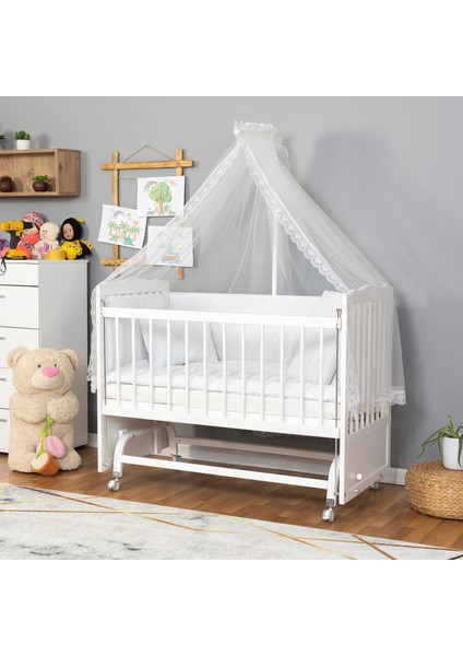 Ahşap Beşik Anne Yanı Beşik Sallanır Beşik Beyaz 60X120 Beyaz Güpür Uyku Seti Yatak Tekerlekli