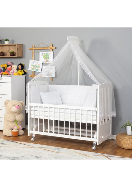 Ahşap Beşik Anne Yanı Beşik Sallanır Beşik Beyaz 60X120 Beyaz Güpür Uyku Seti Yatak Tekerlekli modelleri