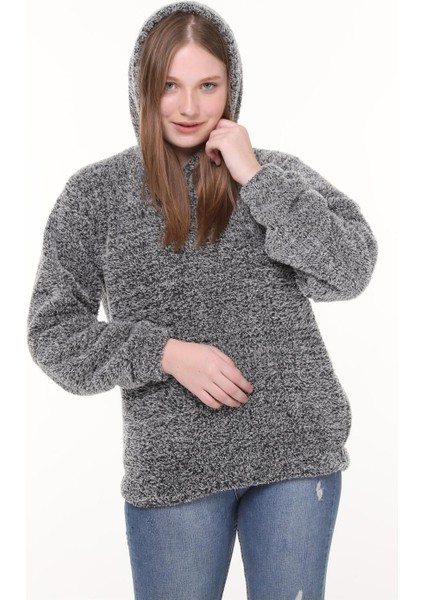 Wellsoft Kadın Sweatshirt - Kışlık Kadın Gri Sweatshirt Peluş Düşük Omuz