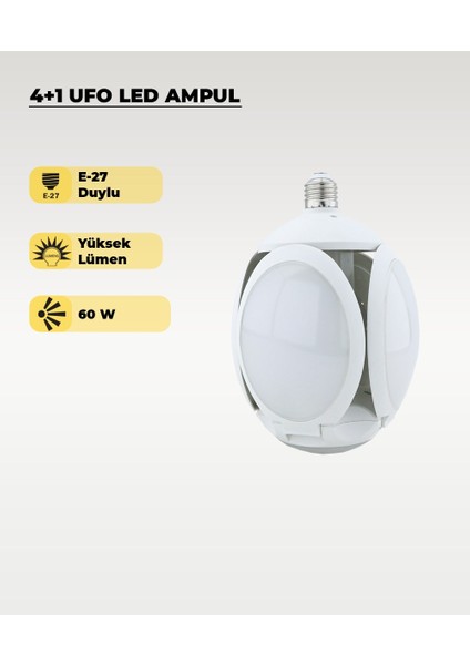 60W Ufo 4+1 Kanatlı Ampul 6500K Beyaz Işık