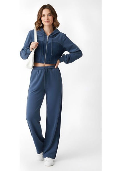 Ekstra Yumuşak Kumaş Şerit ve Denim Detaylı Fermuarlı Crop Kapüşonlu Eşofman Takım fiyatları