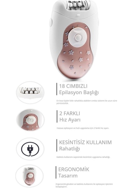 Kablolu Epilatör, 2 Hız, 18 Cımbız, Pembe, Kolay ve Hızlı Kullanım fiyatları