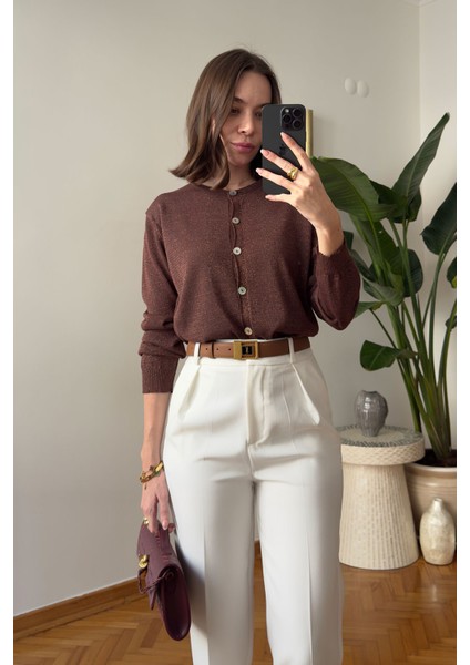 Düğmeli Simli Yeni Sezon Triko- Kahverengi