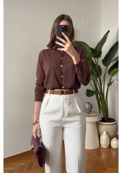 Düğmeli Simli Yeni Sezon Triko- Kahverengi indirimleri