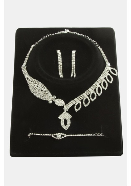 Msa-Shop Oval Taşlı Lüks Set Kolye-Gümüş Rengi