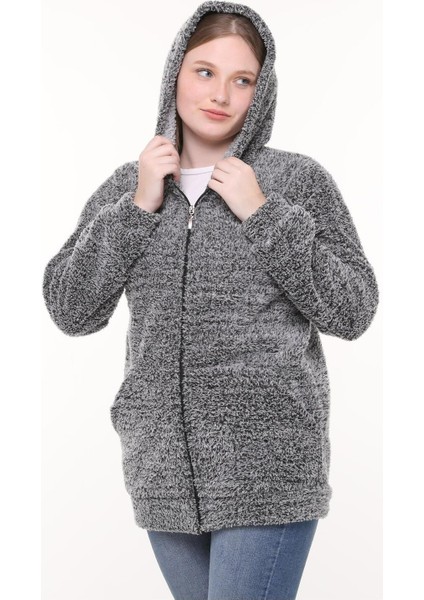 Kapüşonlu Welsoft Peluş Gri Hırka - Cepli Kapüşonlu Fermuarlı Kışlık Peluş Gri Hırka Ceket