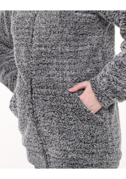 Kapüşonlu Welsoft Peluş Gri Hırka - Cepli Kapüşonlu Fermuarlı Kışlık Peluş Gri Hırka Ceket fırsatları