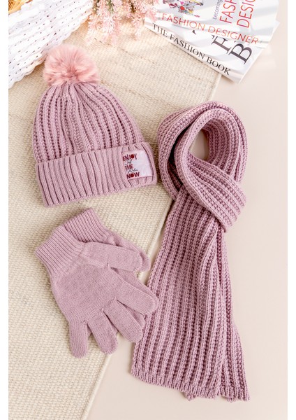 Ponponlu 9-15 Yaş Kız Çocuk Atkı Bere Eldiven Takımı