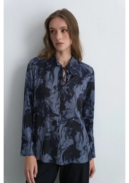 Anka Koleksiyonu Desenli Viskon Bluz - Lacivert