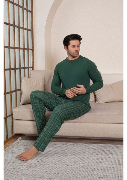 Erkek Bisiklet Yaka Düğmesiz Ekose Desen Modal Mevsimlik Uzun Kol Manşetli Cepli Pijama Takımı modelleri