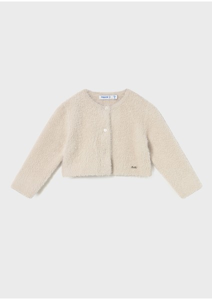 1-4 Yaş Kız Bebek Bej Renkli Tüylü Düğmeli Uzun Kollu Hırka