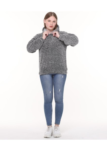 Wellsoft Kadın Sweatshirt - Kışlık Kadın Gri Sweatshirt Peluş Düşük Omuz modelleri