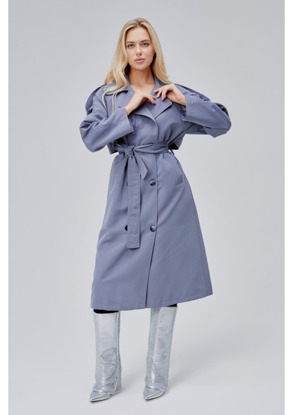 Gri Oversize Astarlı Uzun Trençkot