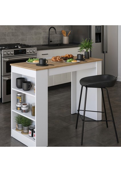 Bar Masası 3 Raflı Yüksek Mutfak Yemek Masası, Sepet, Ceviz – Beyaz, 1. Sınıf Mdf fiyatları