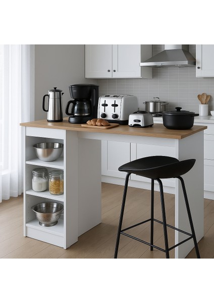 Bar Masası 3 Raflı Yüksek Mutfak Yemek Masası, Sepet, Ceviz – Beyaz, 1. Sınıf Mdf modelleri