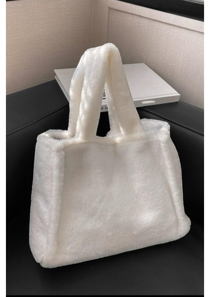 Peluş Beyaz Yumuşak Dokulu Tote Omuz Çantası