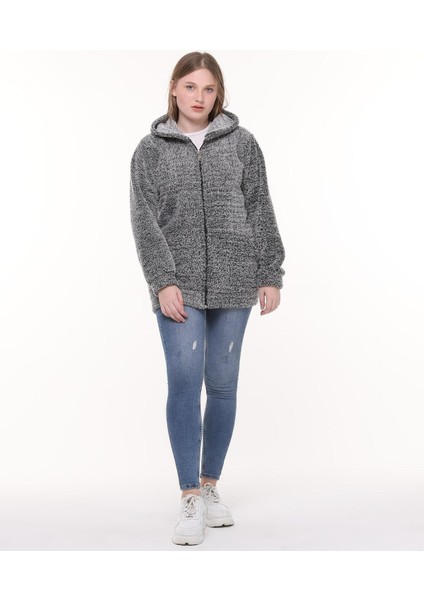 Kapüşonlu Welsoft Peluş Gri Hırka - Cepli Kapüşonlu Fermuarlı Kışlık Peluş Gri Hırka Ceket fiyatları