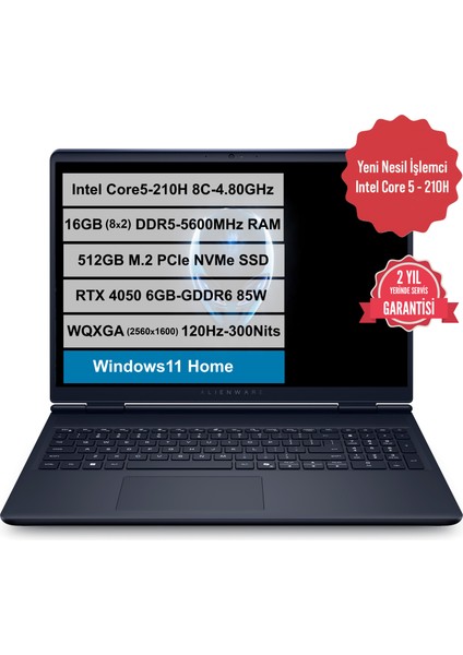 Alienware 16 Aurora Intel Core i5-210H RTX4050-85W 16GB DDR5 RAM 512GB M.2 SSD 16" 2K WQXGA Windows11 Home AC16250