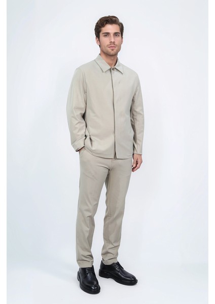 Comfort Fit Bi-Strech Hafif Dokulu Bej Astarsız Gömlek Ceket