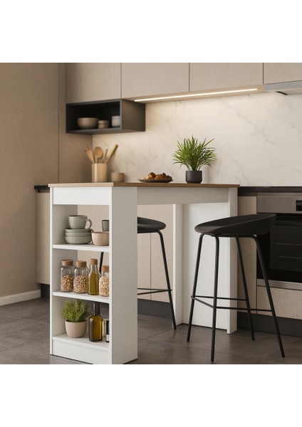 Bar Masası 3 Raflı Yüksek Mutfak Yemek Masası, Sepet, Ceviz – Beyaz, 1. Sınıf Mdf fırsatları