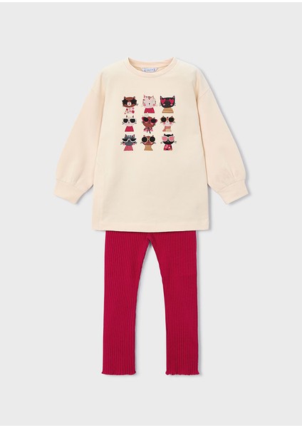 4-10 Yaş Kız Çocuk Bej Kedi Baskılı Şardonlu Sweat ve Kırmızı Kaşkorse Tayt Takım