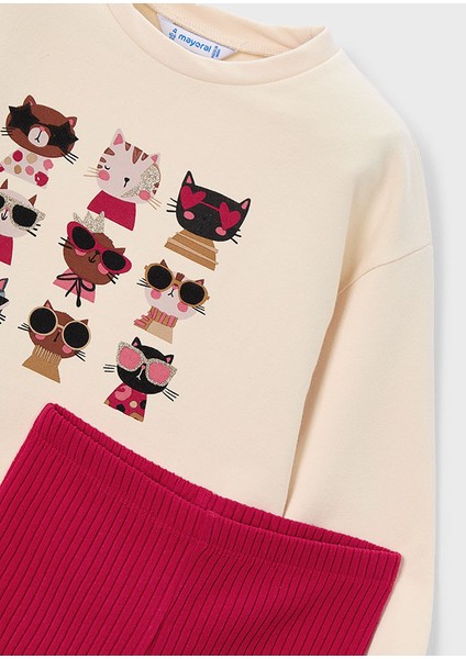 4-10 Yaş Kız Çocuk Bej Kedi Baskılı Şardonlu Sweat ve Kırmızı Kaşkorse Tayt Takım modelleri