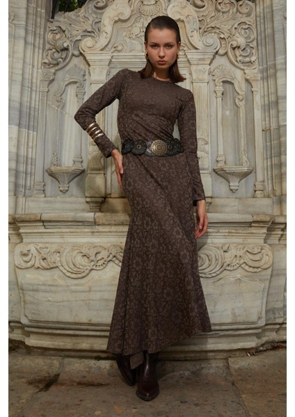 Kadın Kahve Bisiklet Yaka Desenli Volanlı ELBISE(111)