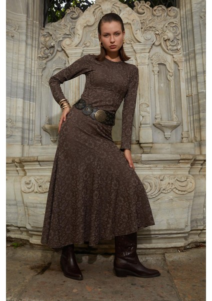 Kadın Kahve Bisiklet Yaka Desenli Volanlı ELBISE(111) fiyatları